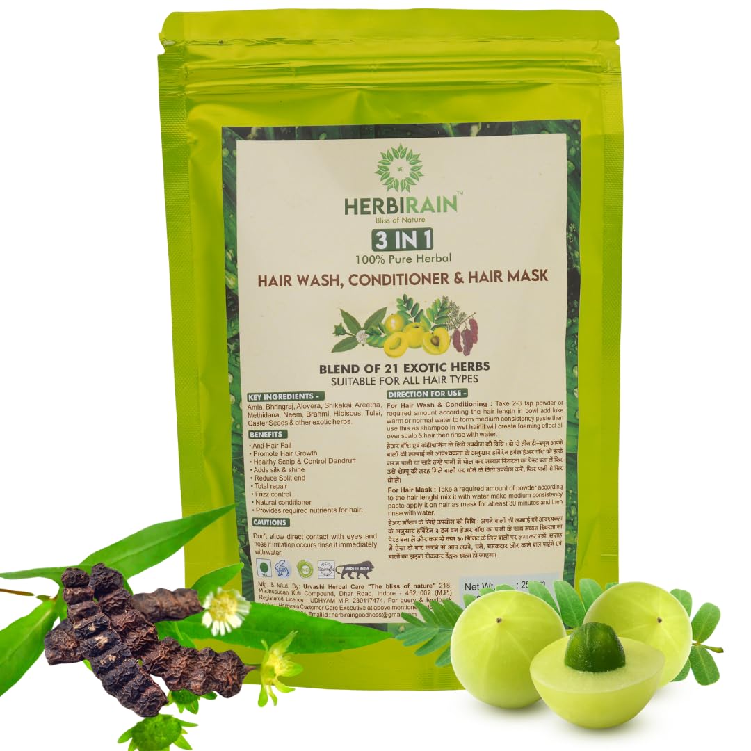 Herbirain Herbal Hair Wash,Conditioner,Hair mask 3in1/Bhringraj,Amla,Hibiscus,Neem,Methidana,Shikakai,Areetha/For Men & Women/Natural,Pure & Safe 250 gm-image-1