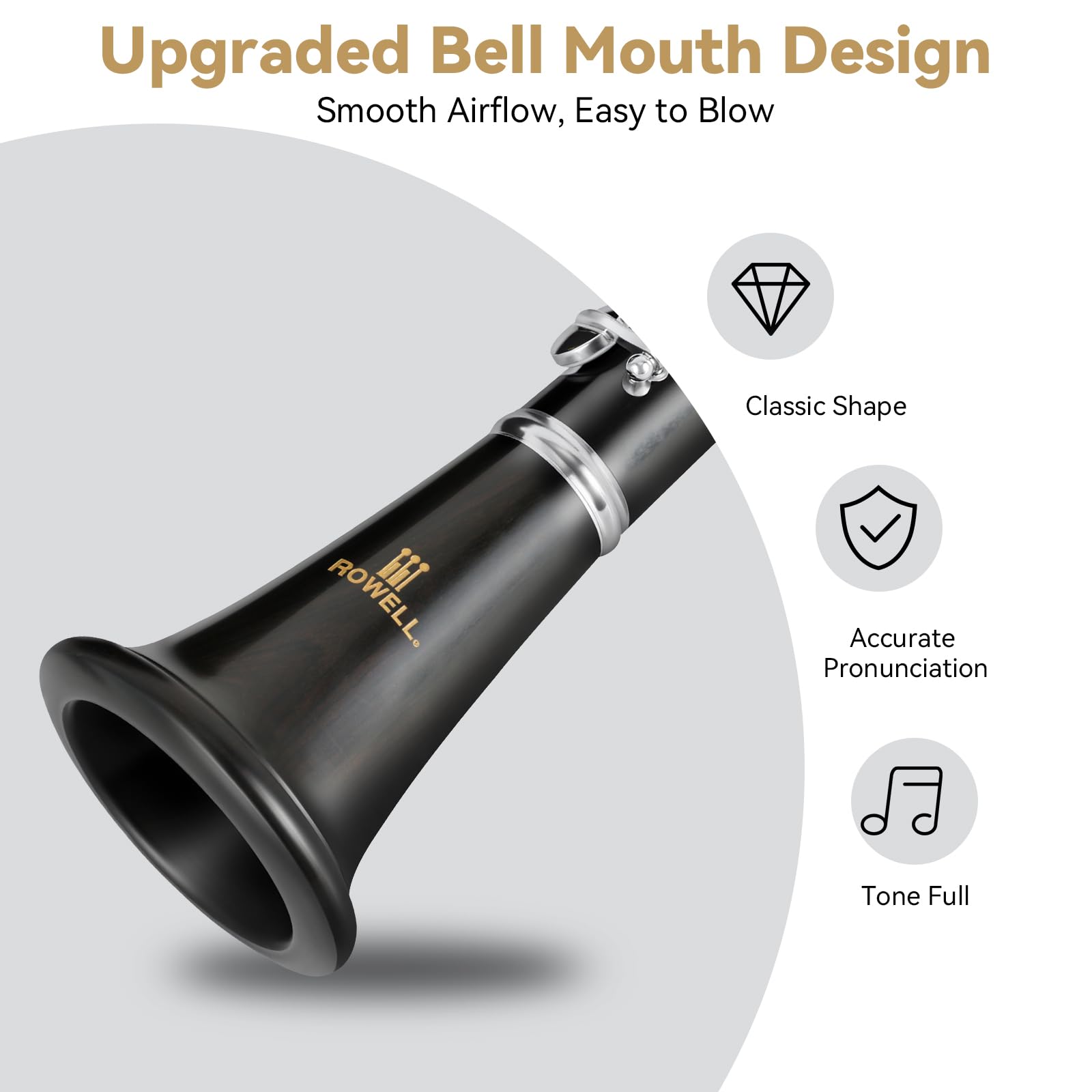 ROWELL 17 Key Bb Clarinet with African Blackwood Body & Italian Pads Professional Rich Tone for Beginner & Intermediate Students Includes Case, Mouthpiece, Reeds & Clean Kit