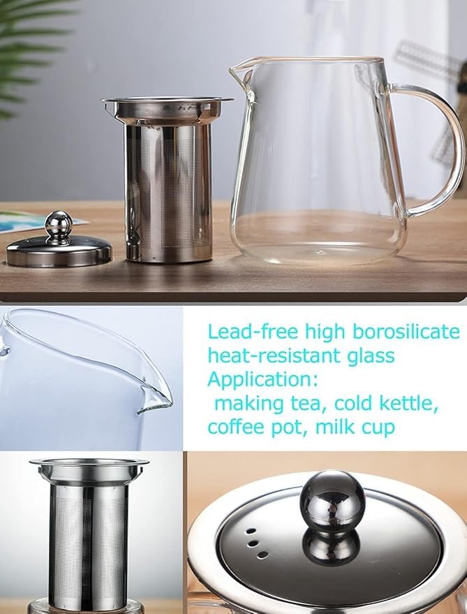 Image of PrimeWorld Premium 450ML Set of 1 Pc | Glass Teapot with Stainless Steel Infuser | Large Capacity Transparent Tea Kettle with Lid & Handle | Ideal for Loose Leaf Tea, Blooming Tea & Fruit Infusions