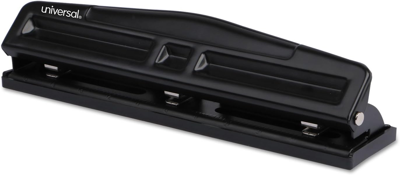 Universal Deluxe Manual Paper 3-Hole Punch, 12 Sheet Capacity, 9/32" Punch Size, Black