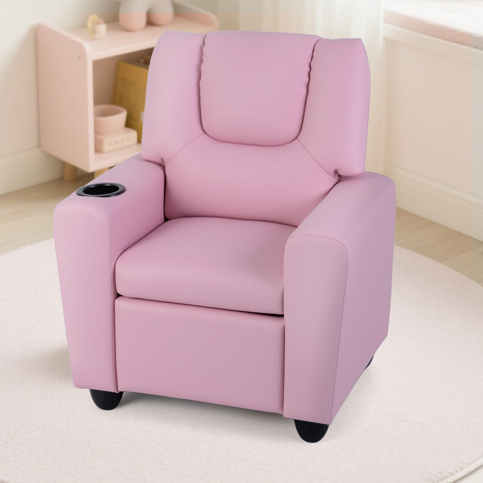 COSTWAY Sillón Reclinable para Niños, Sillón Reclinable con Portavasos y Reposapiés Ajustable para Sala de Estar y Área de Juegos, Silla para Niños de 3+ Años (Rosa)