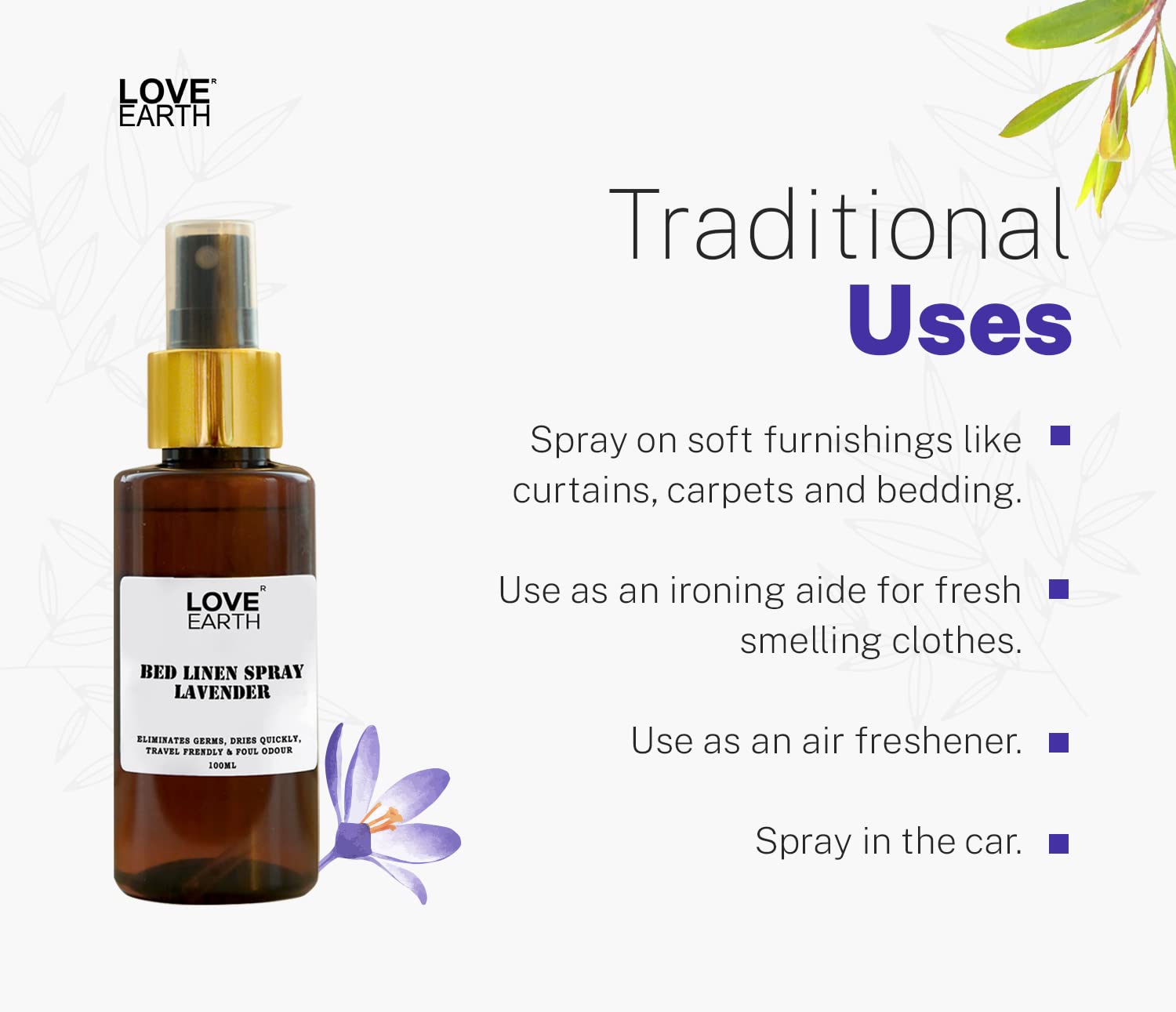 Love Earth Bed Linen Spray with Lavender & Tea Tree | Anti-Anxiety, Sleep Aid & Mood Enhancer | Anti-Bacterial Fabric Spray for Pillows, Bedsheets & Curtains | 100ml 3