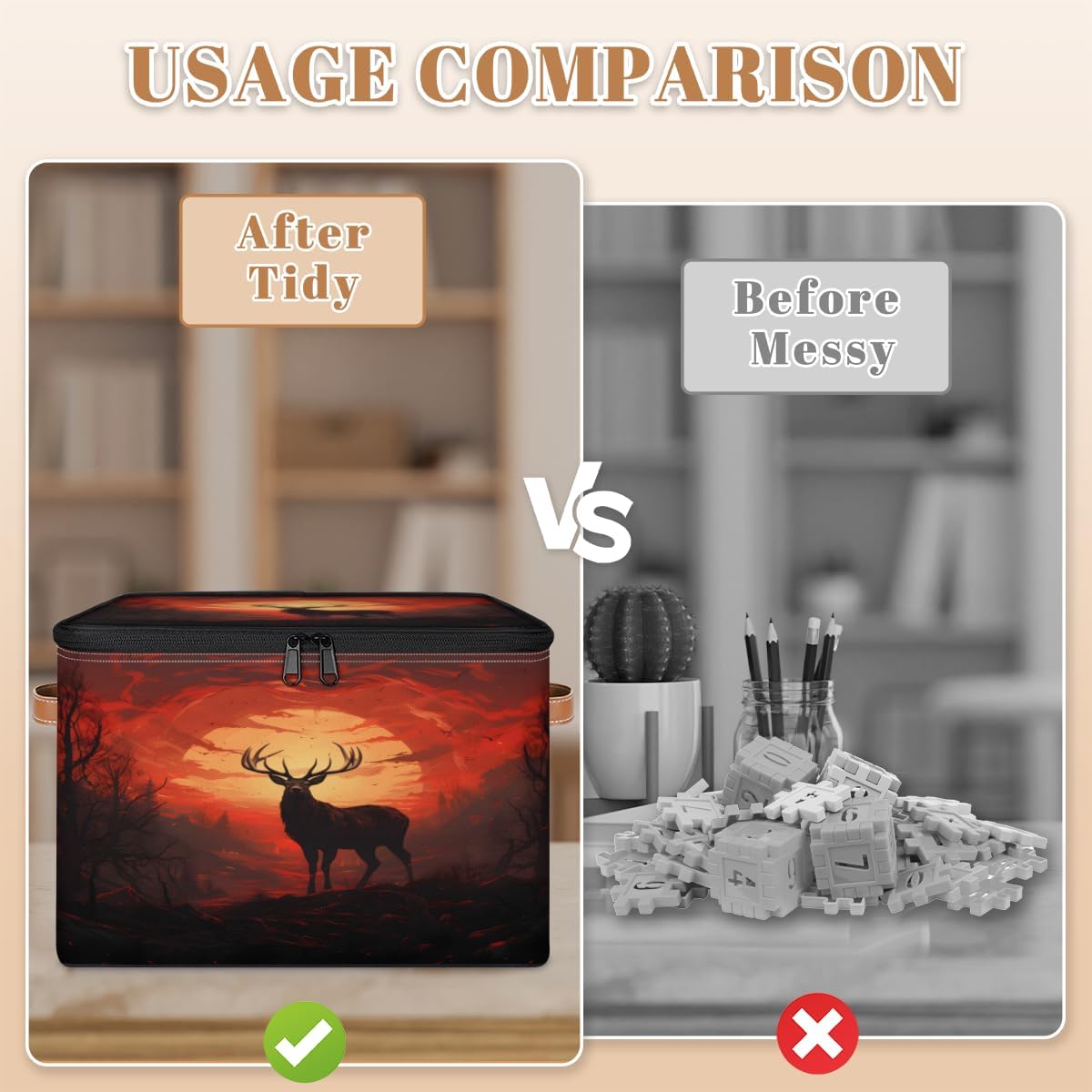 Storage Bin Set of 2 Deer Reindeer Storage Basket with Zipper Lid & Handle Foldable Closet Shelf 2 Pack Cloth Organizer Basket Cube Bins Clothes Organizer for Bedroom, Nursery