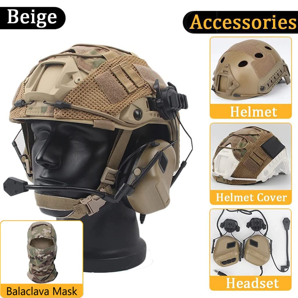Fast Casque Airsoft avec Casque Antibruit, Housse de Casque Tactique Multicam et Masque Intégral Cagoule, Équipement Tactique d'extérieur pour Jeu Militaire CS de Chasse au Paintball