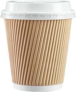 GUSTO [10 oz. - 50 Sets] Insulated Kraft Ripple Paper Hot Cups, Disposable Coffee Cups with Lids - Ideal for Hot Beverages, Travel, and Office Use - Formerly Comfy Package