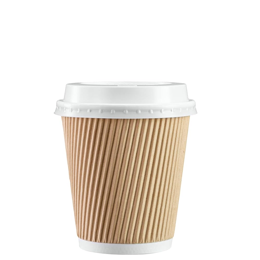 GUSTO Comfy Package [10 oz. - 50 Sets Insulated Kraft Ripple Paper Hot Cups, Disposable Coffee Cups With Lids - Ideal for Hot Beverages, Travel, and Office Use