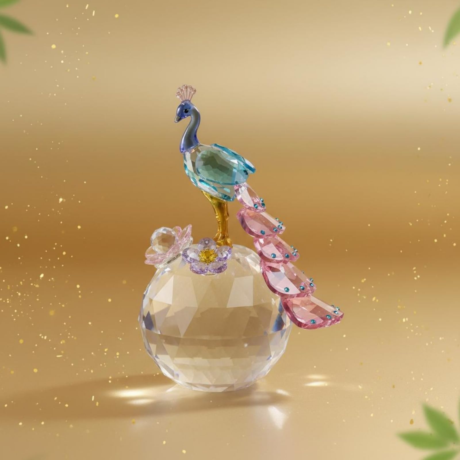 Figurita de Cristal Estatua de Esfera Decorativa Adorno de Mesa Composición de Cristal Tallado con Plumas y Flores Finitas Adecuada para Sala, Rosa, Style to 1