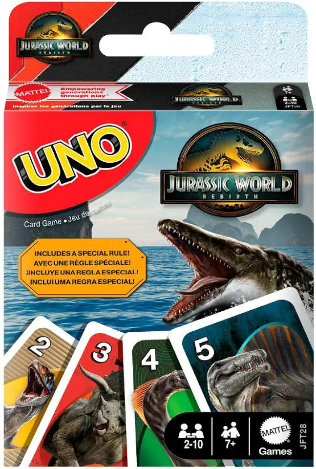Mattel Games UNO Jurassic World Rebirth Card Game for Kids, Family &amp; Adult Games Nights, Deck with Special Rule &amp; Images Inspired by The Movie