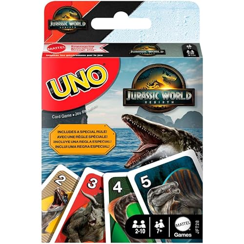 UNO Jurassic World Rebirth Card Game for Kids, Family & Adult Games Nights, Deck with Special Rule & Images Inspired by The Movie
