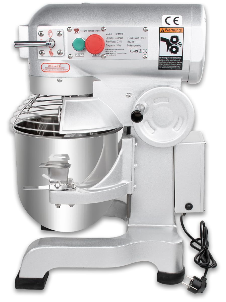 Beeketal 'BSM10P' Profi Teigknetmaschine mit Planetenrührwerk 10 Liter Kapazität (3 Stufen 105, 170, 340 U/min), Knetmaschine inkl. Knethaken, Schneebesen und Flachrührer - silber lackiert