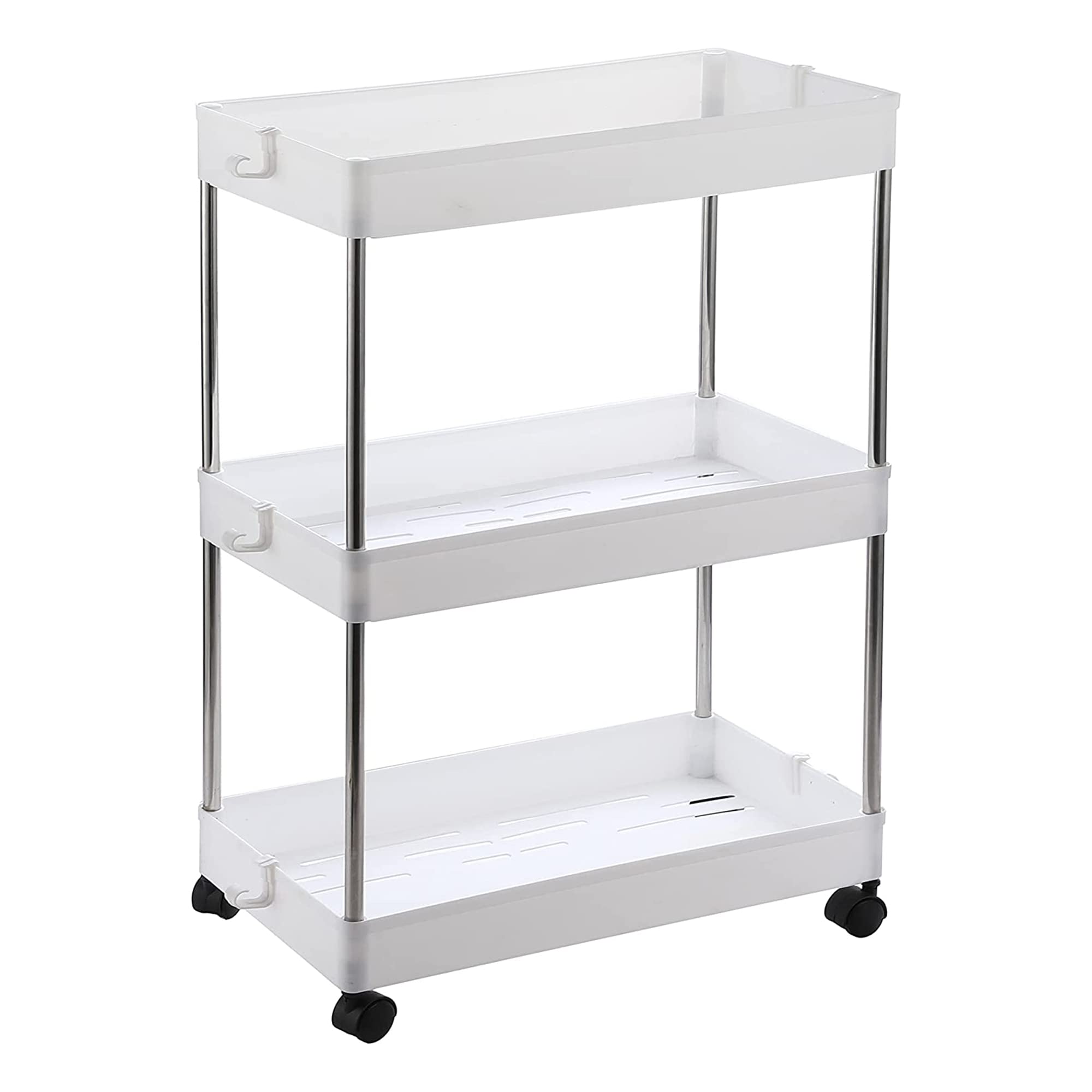 RaiSeru Premium Rolling Storage Cart - 3 Tier Utility Cart Organizer For Kitchen, Bathroom, Garage and Coffee Bar | Plastic Trolley & Lazy Susan - Storage Shelf Rack with Wheels (White)