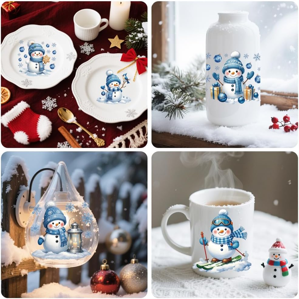Peacoblue 18 Sheets Rub on Transfers for Crafts, Blue Snowman 3.6"x3.9" UV DTF Cup Wraps Waterproof Rub on Cold Transfers Stickers for Wood Glass Metal Cup Tumblers Mirrors Mugs Home Decor