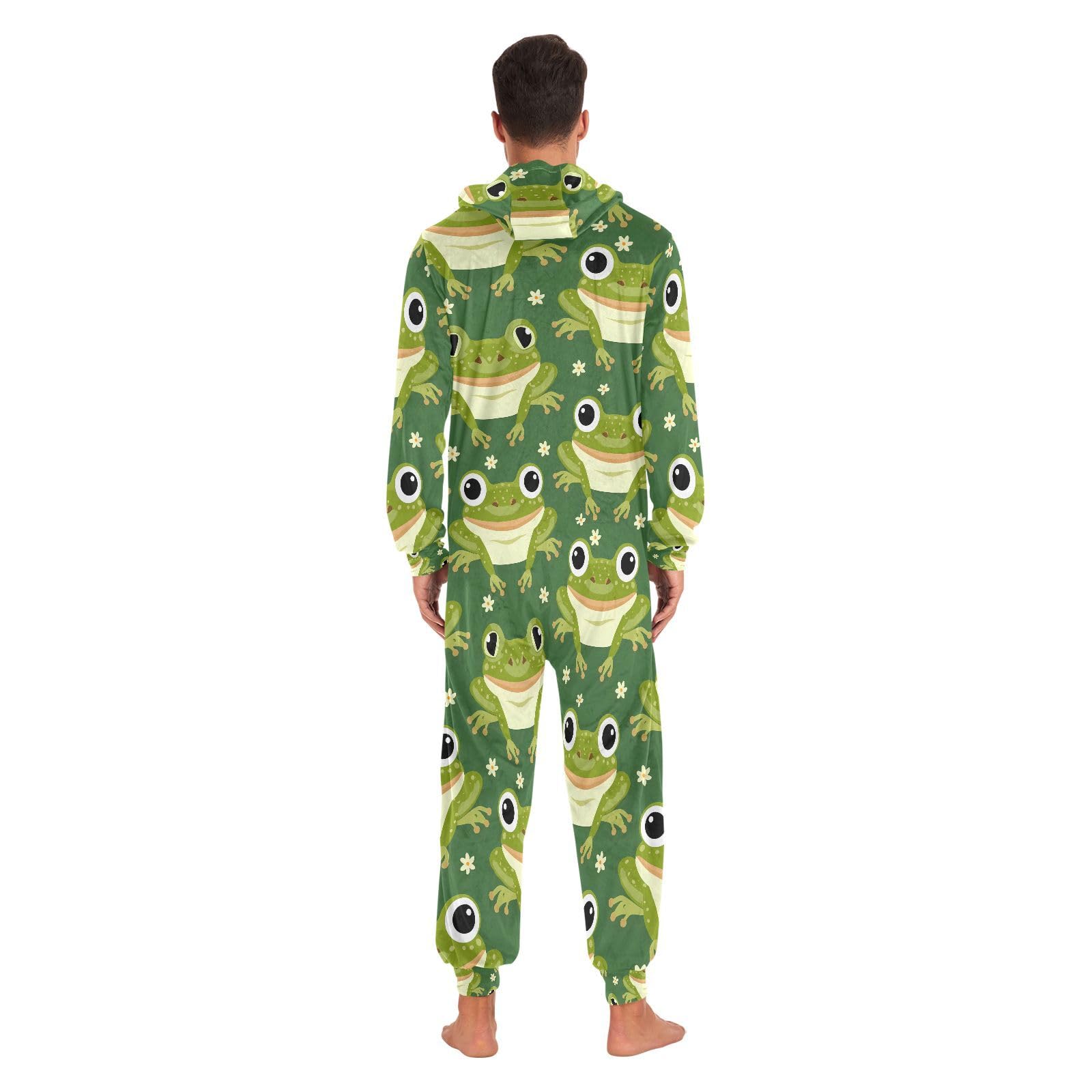 Mnsruu Grenouille Vert Animal Adulte Onesie pour Hommes Pyjama Polaire à Capuche Combinaison Loungewear Vêtements de Nuit