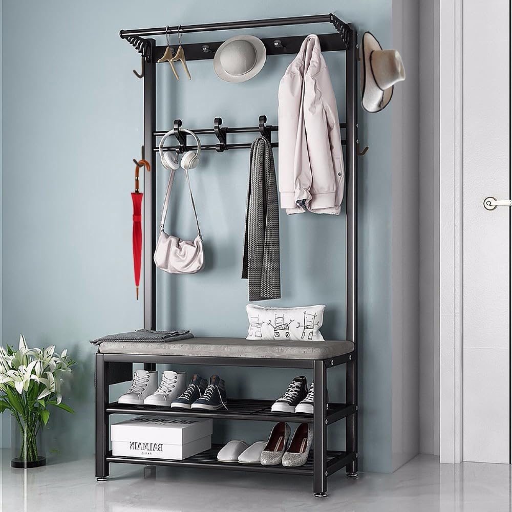 FGXHHS Industrial Entryway Coat Rack with Shoe Bench, 14 Hooks & Storage - 4-in-1 Free Standing Hall Tree for Entryway, Hallway, Living Room, Bedroom nization
