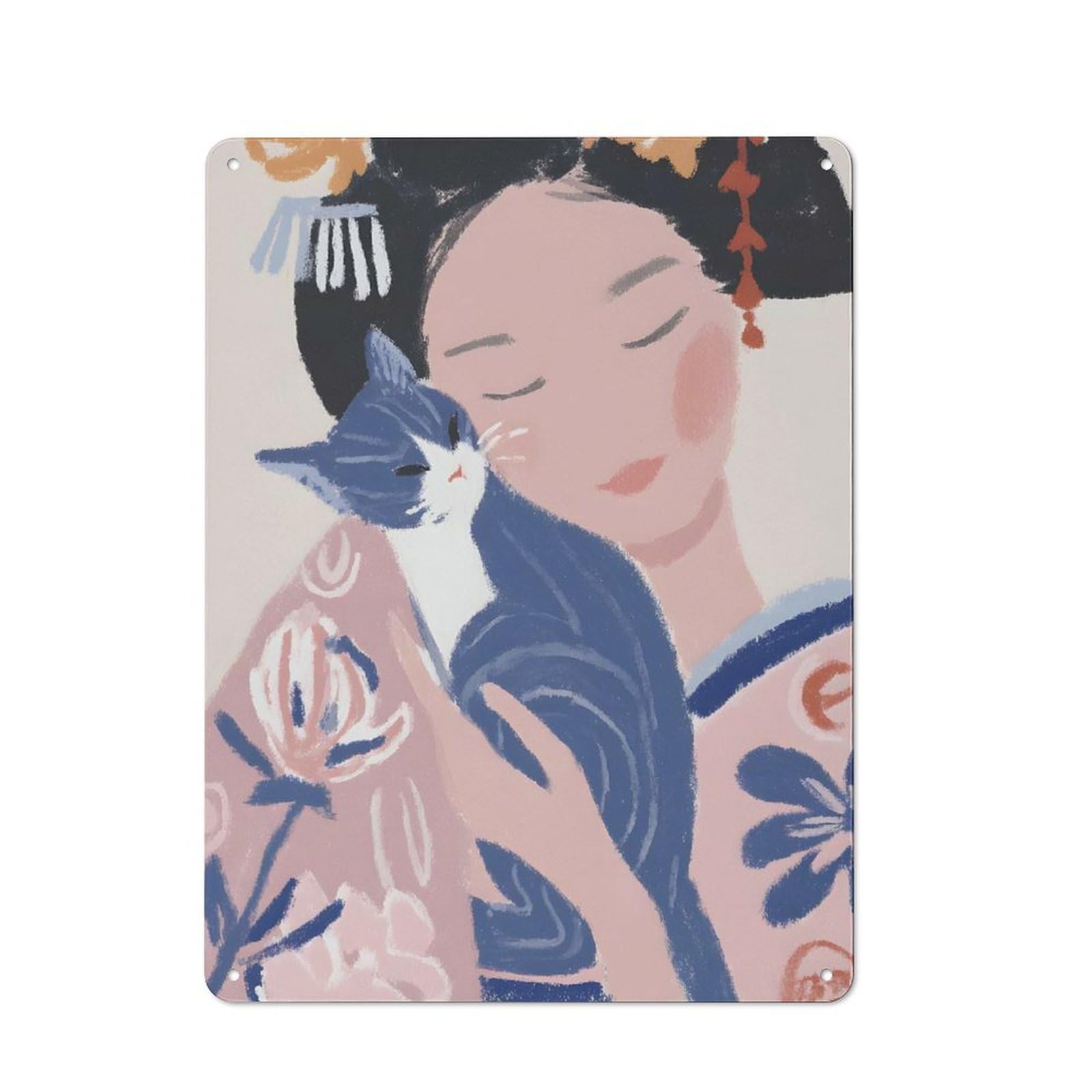 Metal Sign 40x30cm with Geisha with Cat Illustration for Workshop Wall, Rustic Decor, Wall Decoration for Workshops And Hobby Rooms