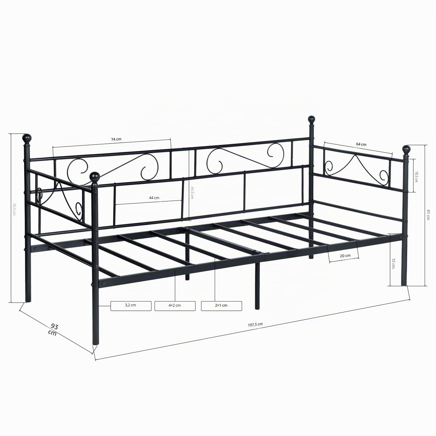 Sofá Cama Divan Marco de Cama de Metal, Estructura de Cama para Colchón de 90 x 190 cm Sofá Diván Negro