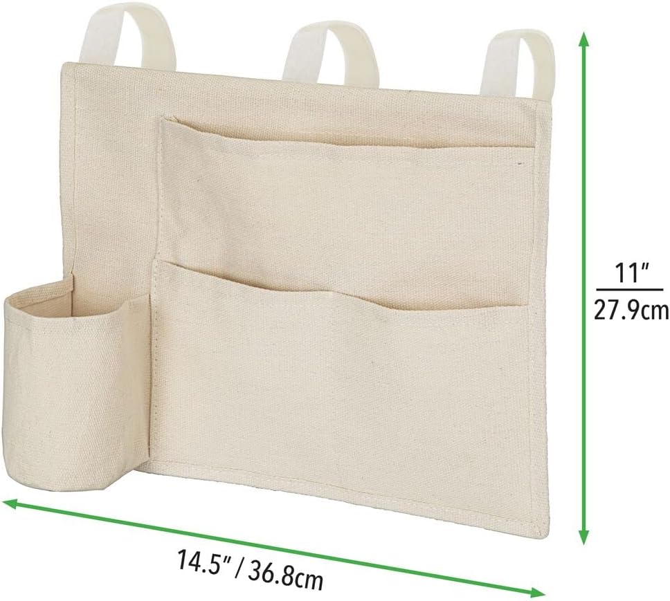 mDesign Cotton Canvas Bedside Hanging Storage Organizer Caddy for Dorm, Bedroom Bed Frame - 4 Pockets, 3 Loops - Holds Phone, Remote Control, Magazines, Bottle Drinks - Crane Collection - Cream/Beige