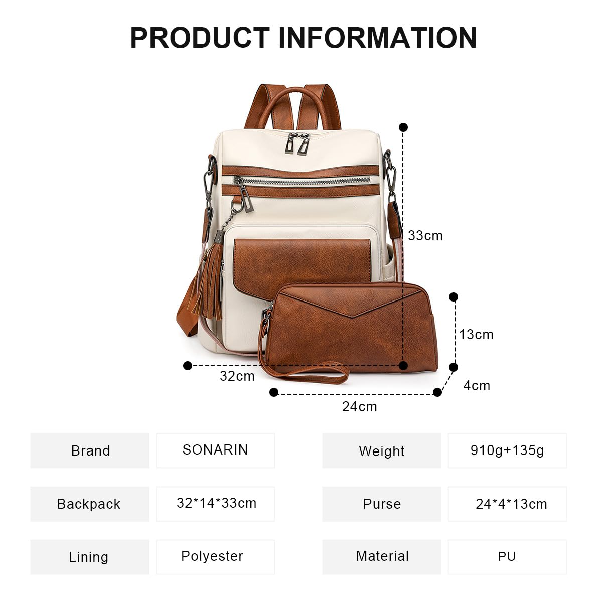 SONARIN PU Bolso Mochila Mujer,Impermeable Moda Mochila Damas con Monedero Mochilas Casual Bolso de Mano,Bolsa de Hombro Convertible para Viaje Escolar Trabajo(Blanco + Marrón)