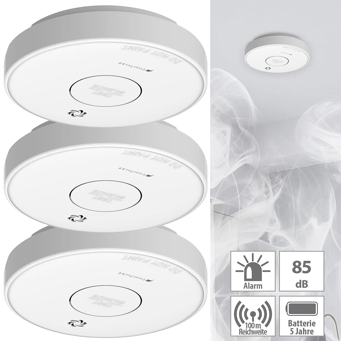 VisorTech Funkrauchmelder Set: 3er-Set drahtlos vernetzbare Funk-Rauchwarnmelder, 85 dB (funkgesteuerter Rauchmelder, Rauchwarnmelder für Wohnräume, Batterie)