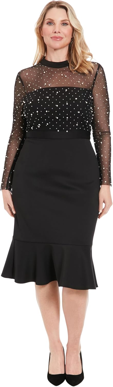 London Times Womens Long Sleeve Illusion Midi with Flounce Hem