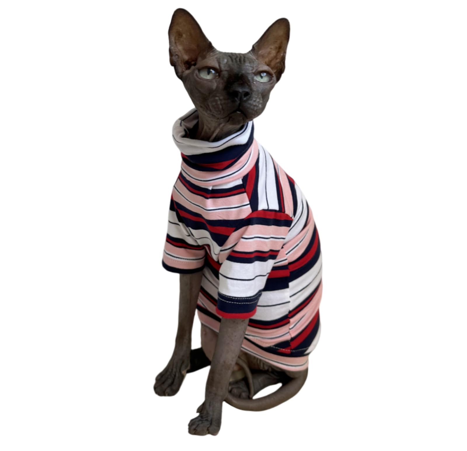 Vintage Stripes Sphynx Hairless Cats Shirt Cotton Cat Turtleneck Pet Clothes Kitten T-Shirts with Sleeves for Sphynx Cornish Rex, Devon Rex, Peterbald