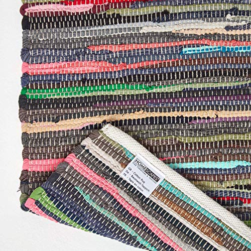 HOMESCAPES - 100% Recycled Cotton Chindi Rug - 120 x 180 cm - 4 ft x 6 ft - Multi Coloured Stripes on White Base - Image 6