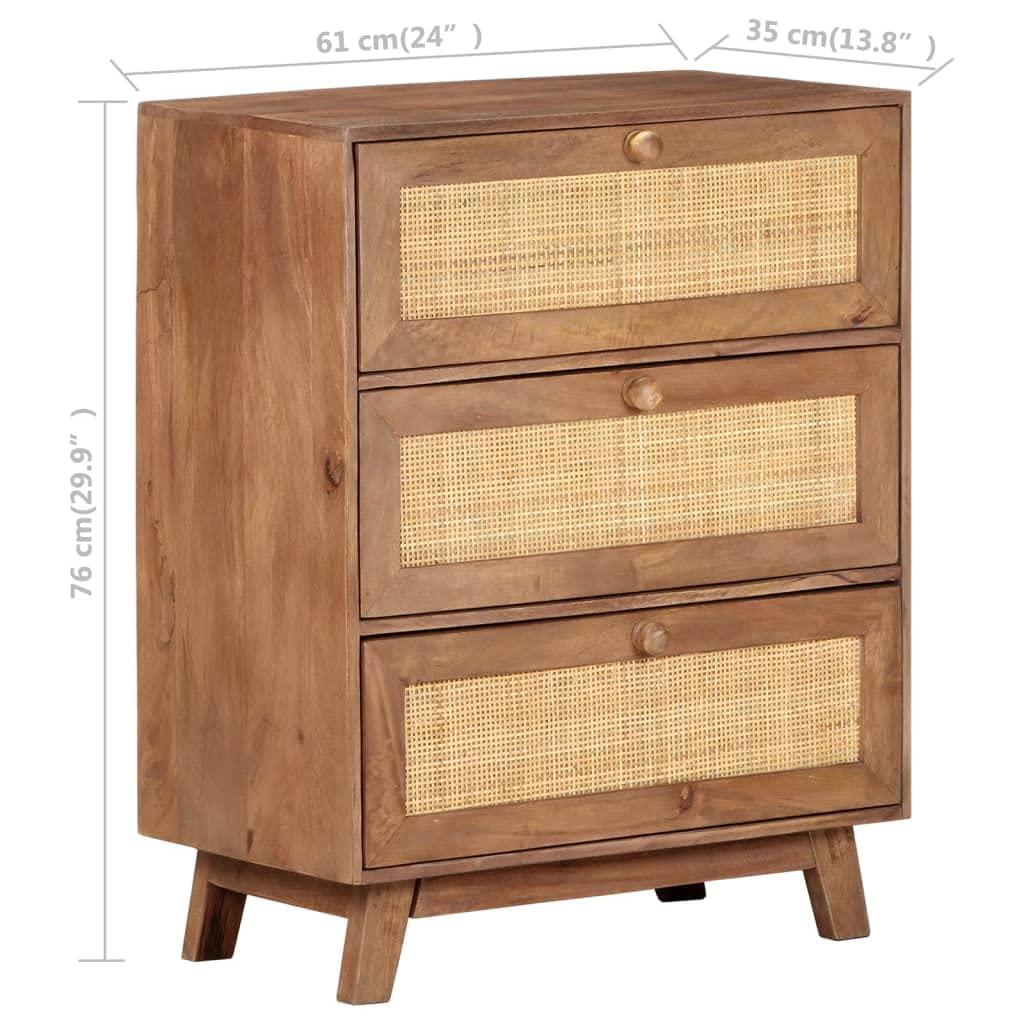Aparador 61 x 35 x 76 cm, madera maciza de mango, armario rústico de madera con 3 cajones, mimbre natural, muebles de almacenamiento robustos para salón y cocina