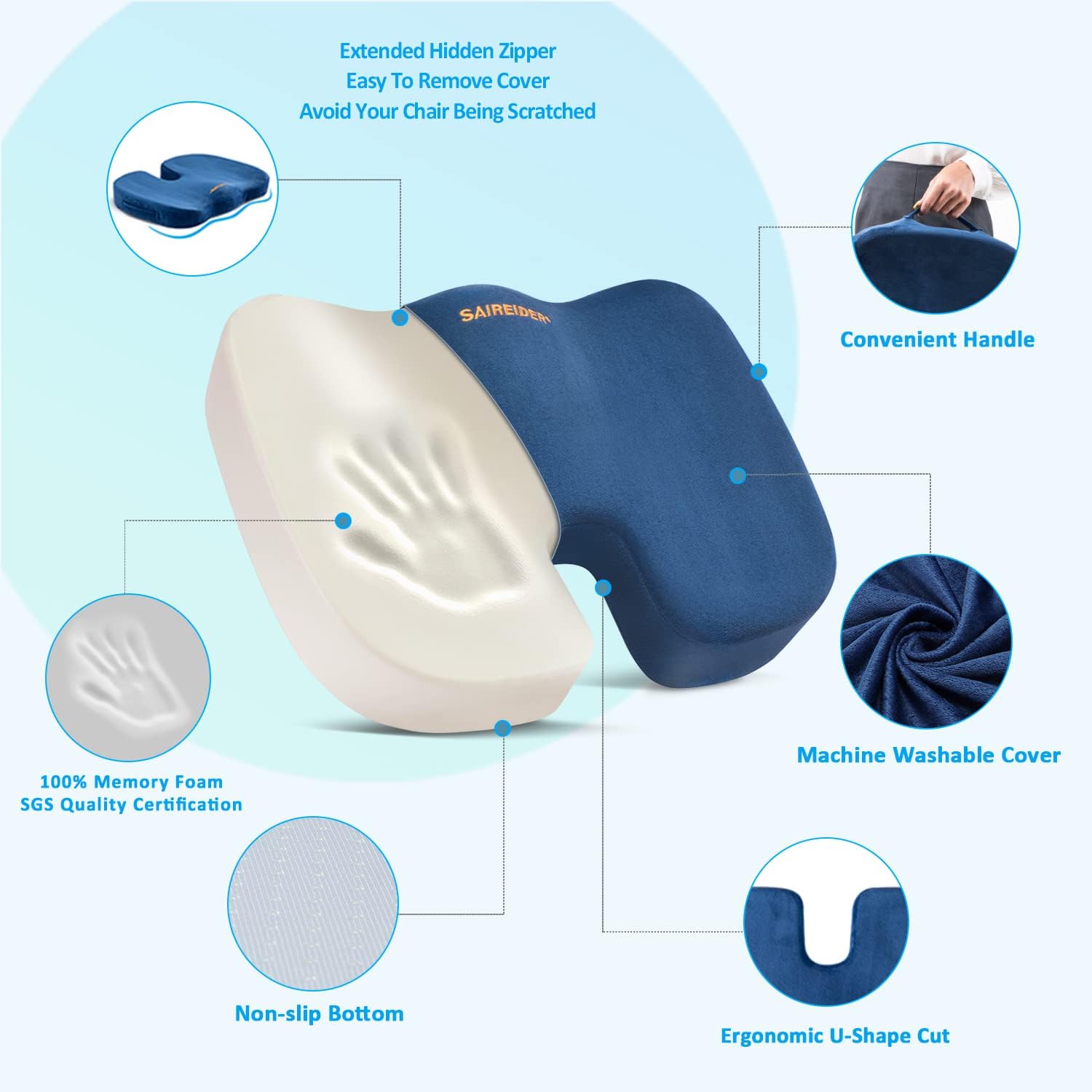 SAIREIDER Chair Cushion and Lumbar Support Pillow for Office Chair, Car Seat Cushions Back Support Pillows, Memory Foam Chair Support for Back&Lumbar, Relieve Tailbone Pain and Sciatica (Blue) - Image 3
