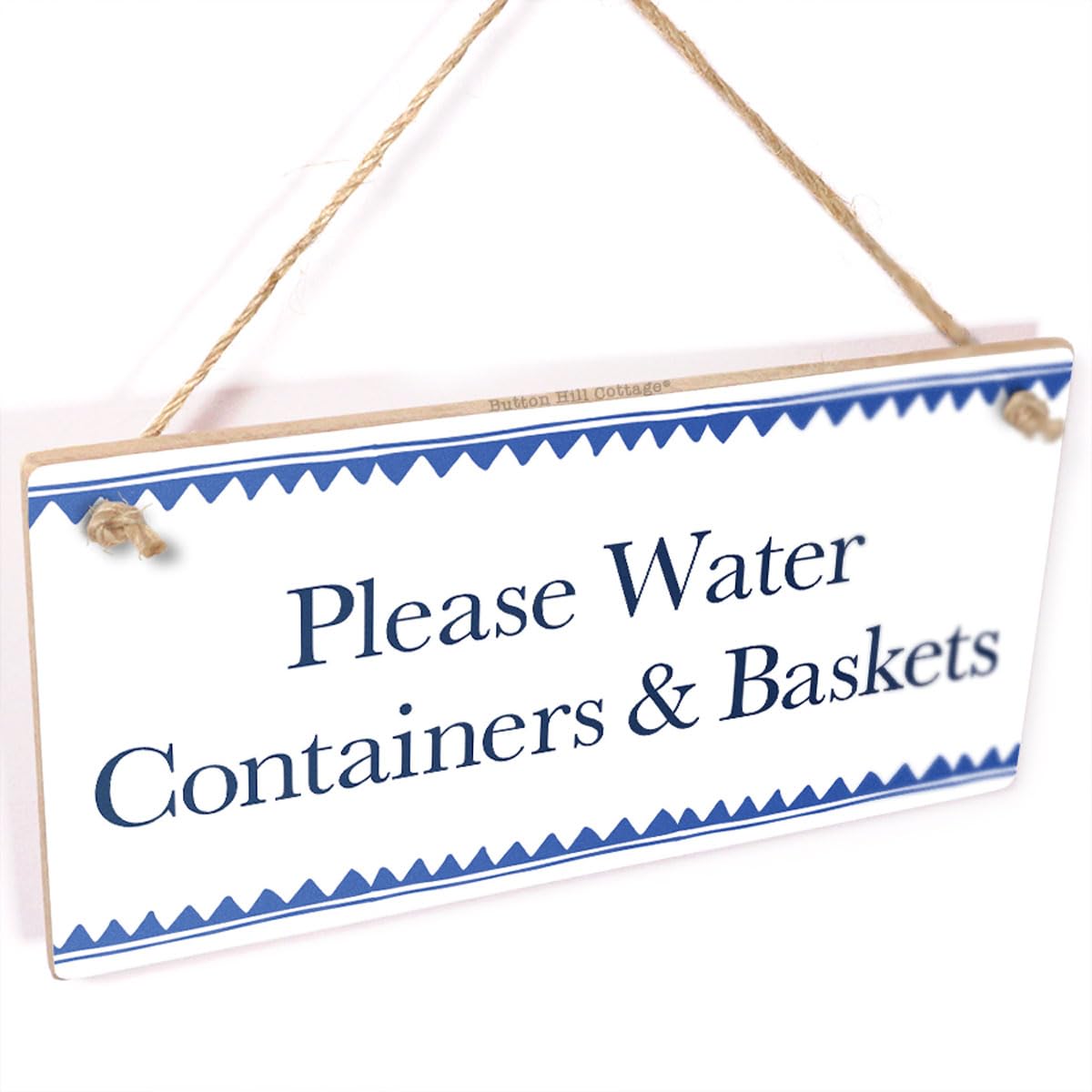 Charming Indoor Plant Reminder 'Please Water Containers & Baskets' Hanging Sign - Elegant Design with Blue Flags Border - 8" x 4" Size - Perfect for Home Décor