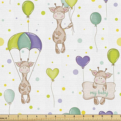 Ambesonne Cartoon Fabric by The Yard, Giraffes Flying with Balloons with Polka Dotted Background Love Hearts Composition, Decorative Fabric for Upholstery and Home Accents, 1 Yard, Multicolor