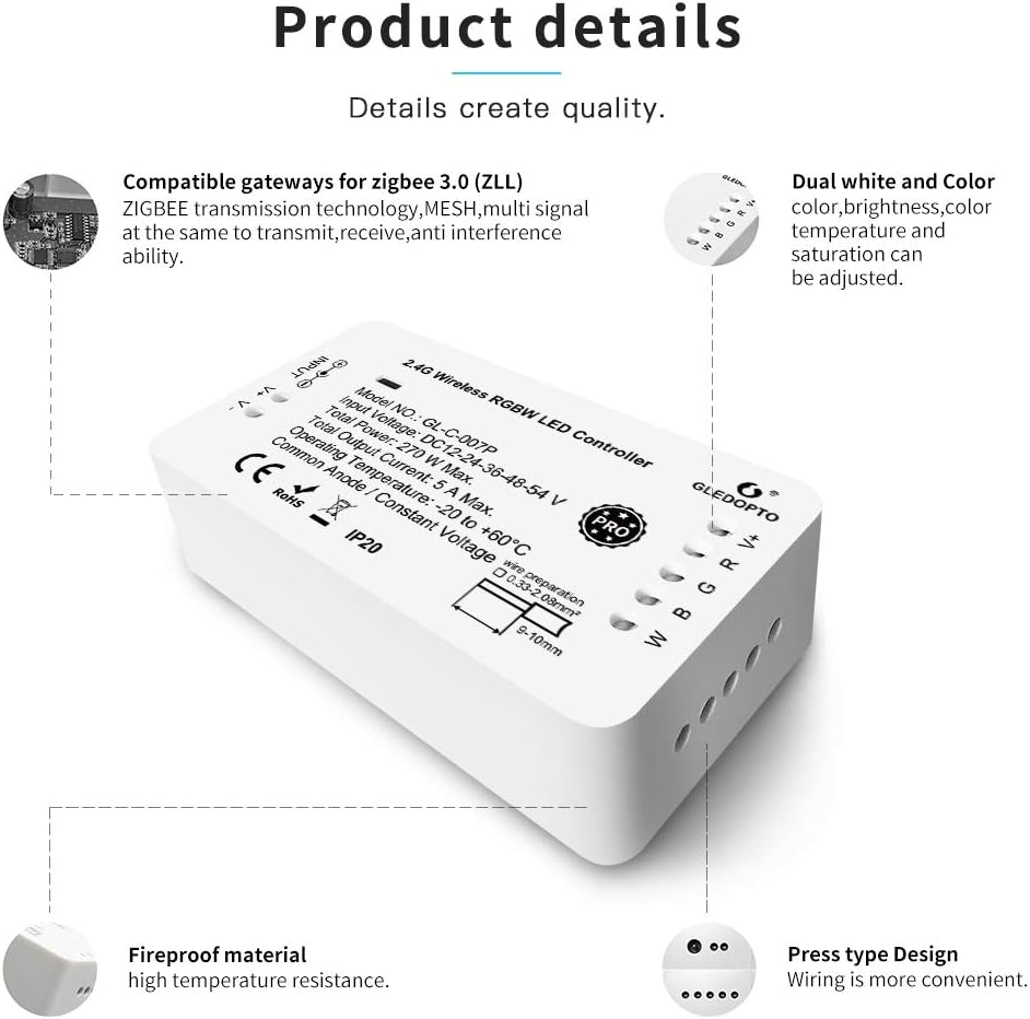 PRO RGBW Controller Zigbee LED Controller Smart Strip Light Controller RGBW Dimmable Controller, DC12-24V, 6A Max/Channel
