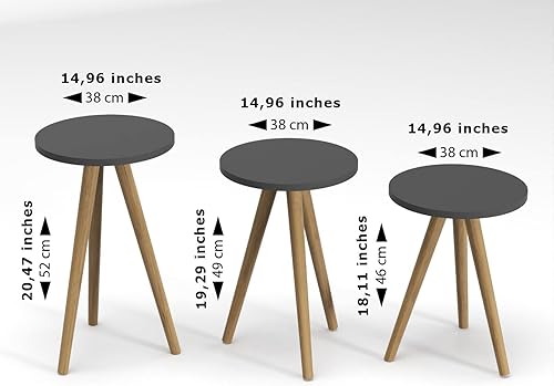 Miniatura 3 de Juego de 3 anidados redondos, aspecto moderno de grano de madera con base negra para mesas de centro de sala de estar o mesitas de noche, mesa