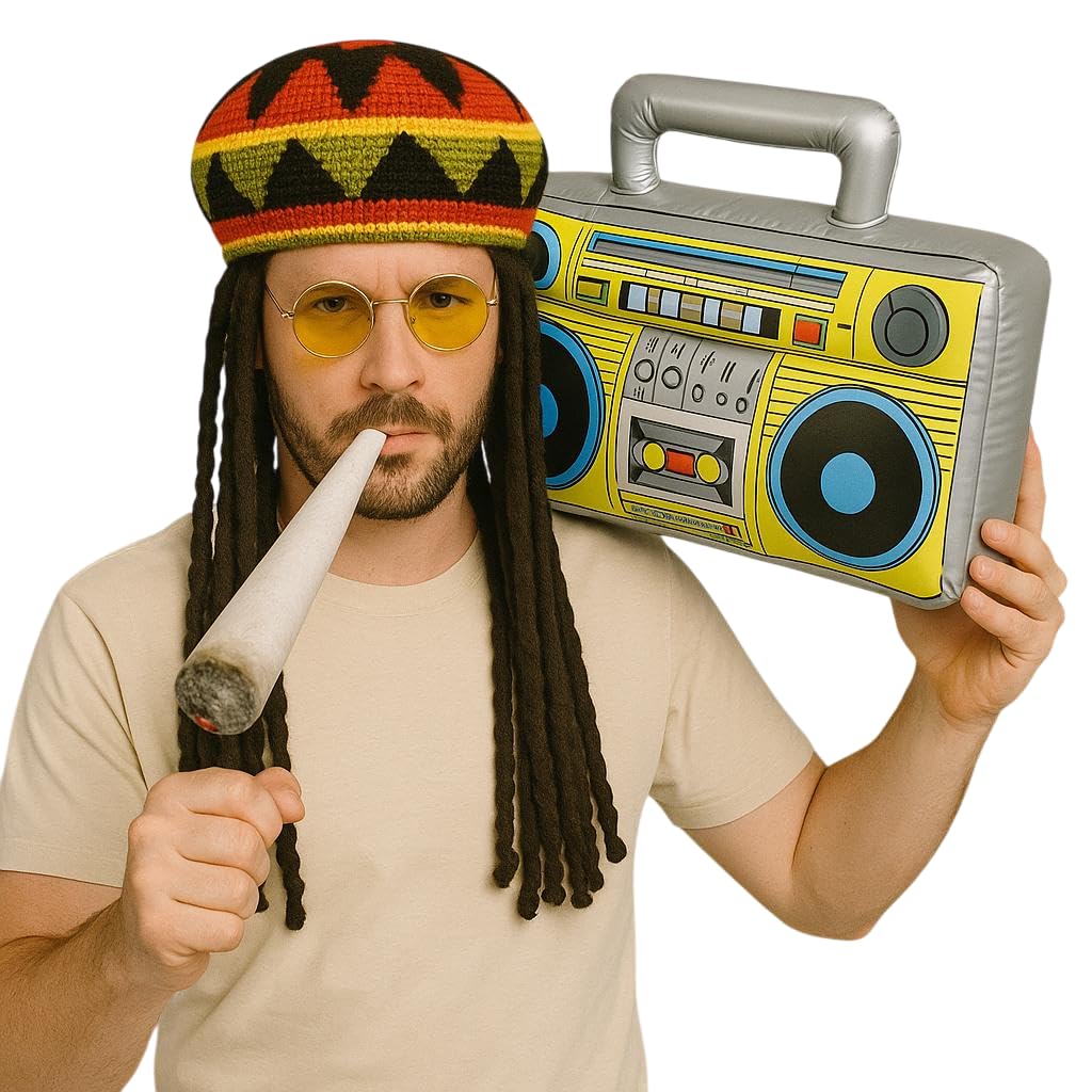 labreeze Adult Deluxe Jamaican Rasta Hat with Dreadlocks, Inflatable Boom Box, 23cm Joke Spliff & Yellow Round Glasses – Reggae Fancy Dress Costume Set for Men & Women – Festival Party Props