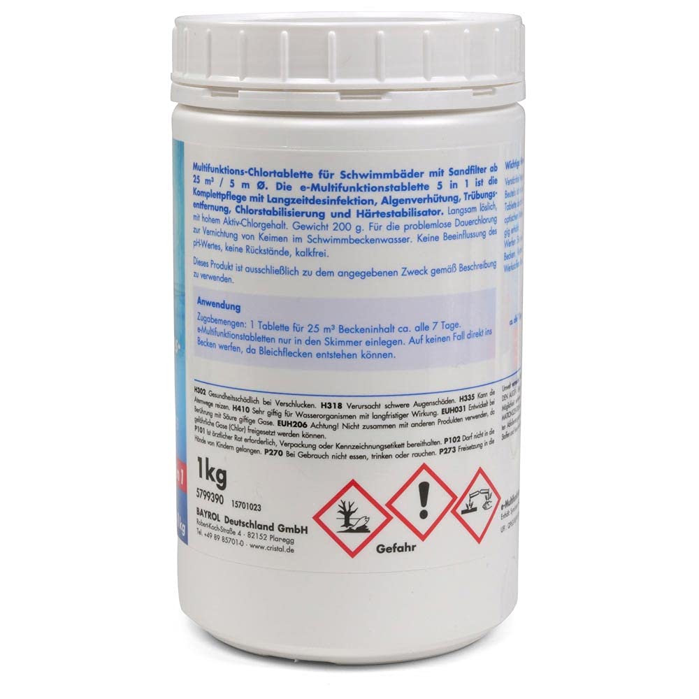 Cristal Multitabs E-Chlor 200g - 3 kg Poolpflege-Set - 5 in 1 Langzeit-Chlortabletten für sauberes und kristallklares Wasser - Für Pools ab 25m³