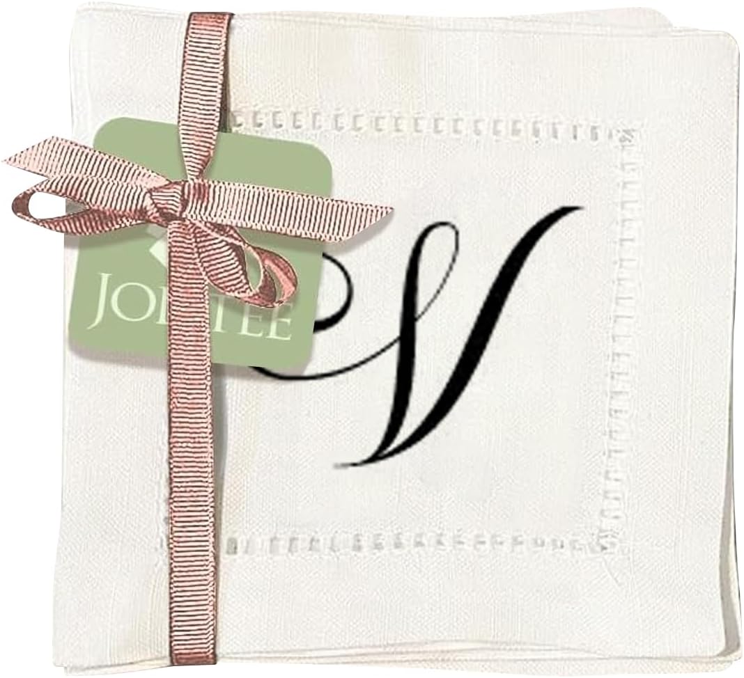 Jolitee Decorative Hemstitch Cocktail Napkins with Printed Initials V – 6"x6" Linen-Like Washable Fabric – Handmade Cloth Napkins for Entertaining, Parties, and Everyday Use