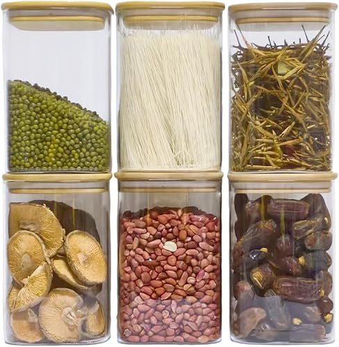 Square Glass Storage Jars with Bamboo Lids, 6 - Pack 50 oz Airtight Clear Food C