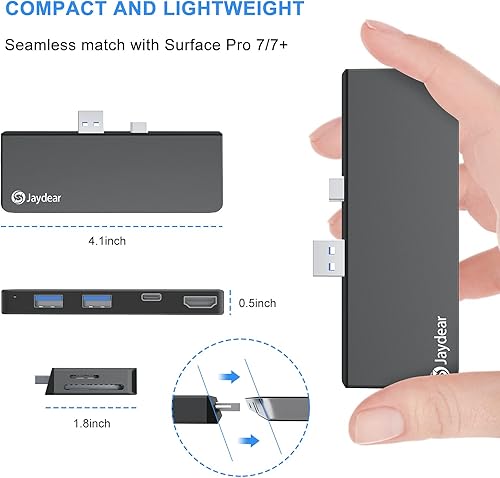 Miniatura 6 de Estación de acoplamiento para Surface Pro 7Pro 7+, Jaydear 6 en 2 Dock Hub a 4K HDMI, puerto USB C, puertos USB 3.0 duales (5 GPS), 2 ranuras para