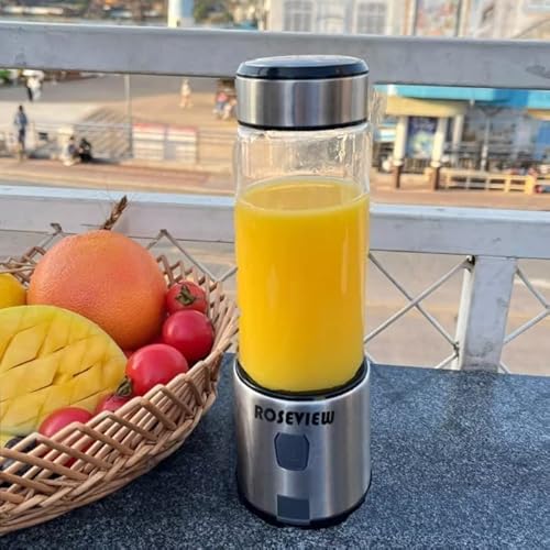 Smoothie Blender Portable Roseview Glass Bottle Mini Rechargeable Handheld Ice Crushing Shakes Cup Usb Juicer Cordless Personal Smoothies Maker Fruit Mixer Juice Sport Travel Healthy Smoothy (Black Steel) #TOP3