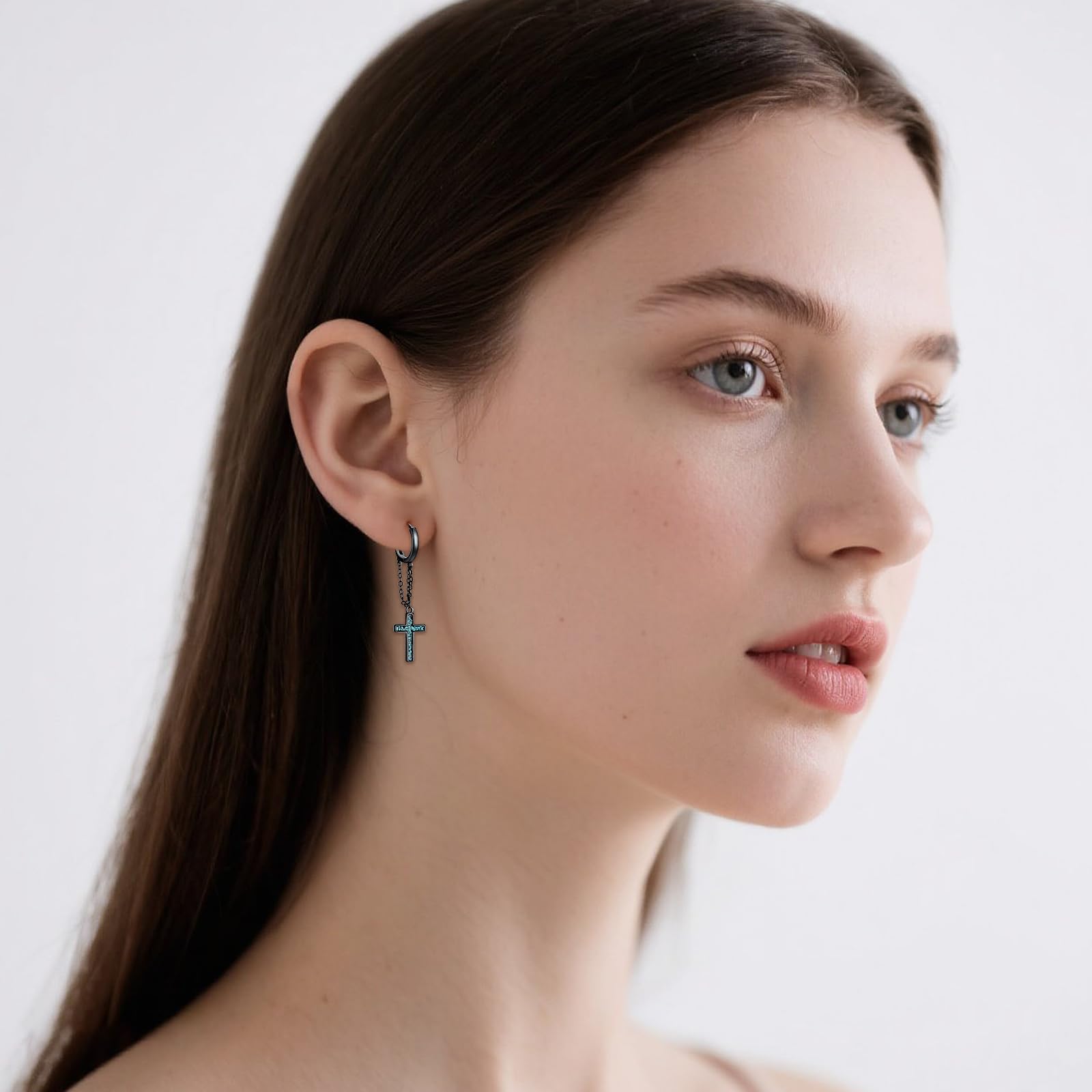 Midir&Etain Pendientes de cruz negra para hombres y mujeres, plata de ley 925, turquesa punk, cadena punk, joyería punk, regalos de cumpleaños para amigos
