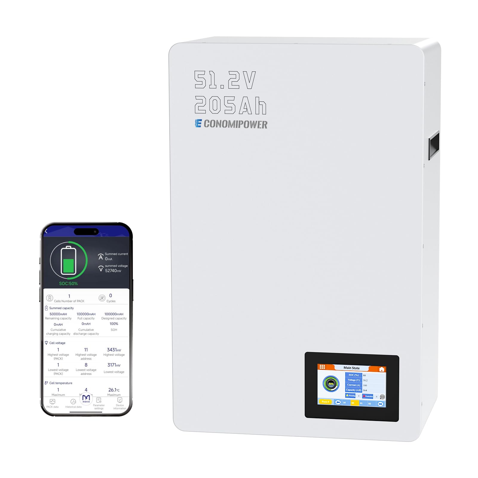 Batteria Lifepo4 da 51,2 V 200 Ah, montaggio a parete, batteria al litio ricaricabile a energia solare da 10 KWh, oltre 6000 cicli 48 V con 100 A BMS per sistema fotovoltaico, uso
