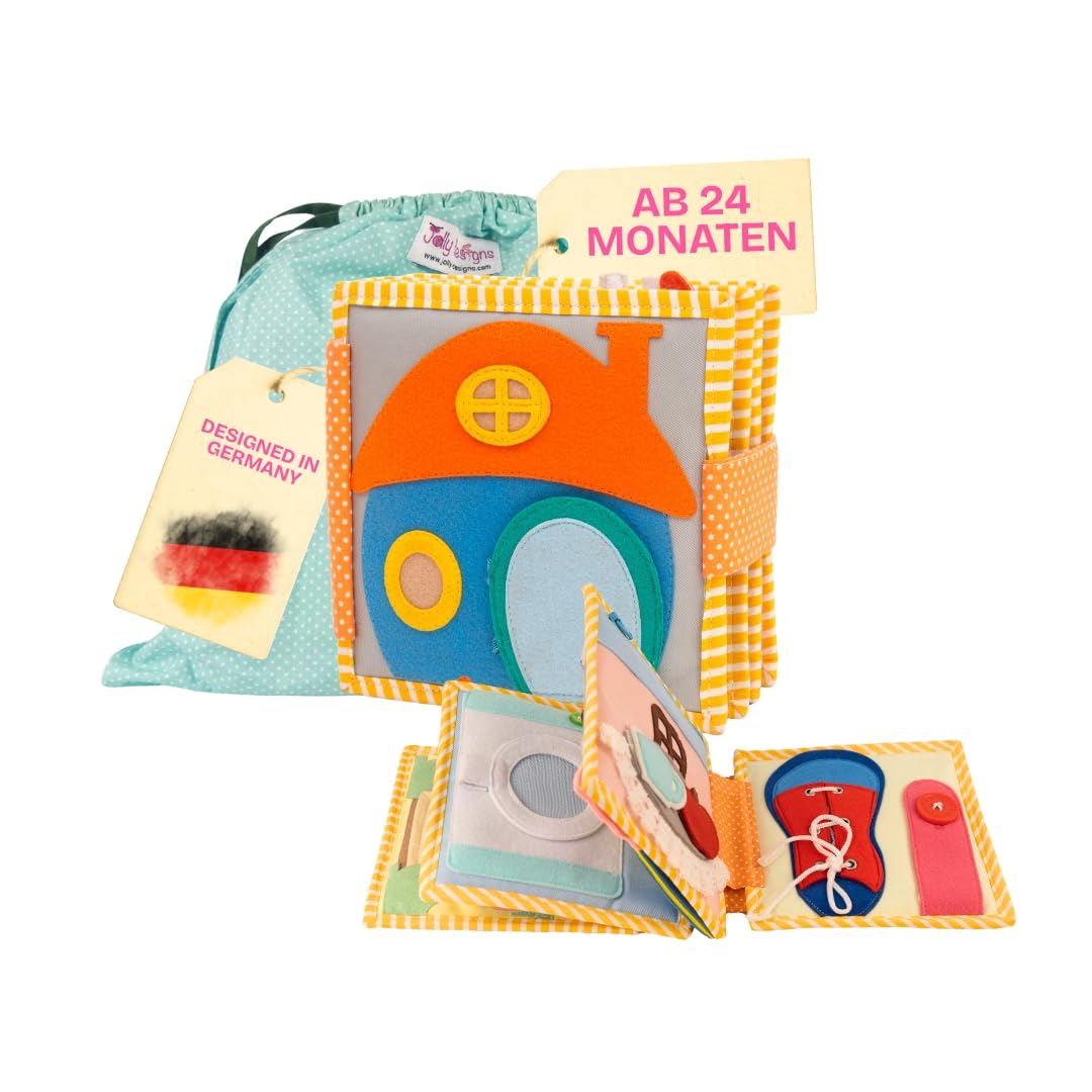 Jolly Designs – Mini Quiet Book Home Sweet Home – Montessori Spielzeug ab 2 Jahren – Motorik & Sensorik fördern – Busy Book aus Filz – Handgefertigtes Filzbuch – Perfekt für unterwegs & Reisen
