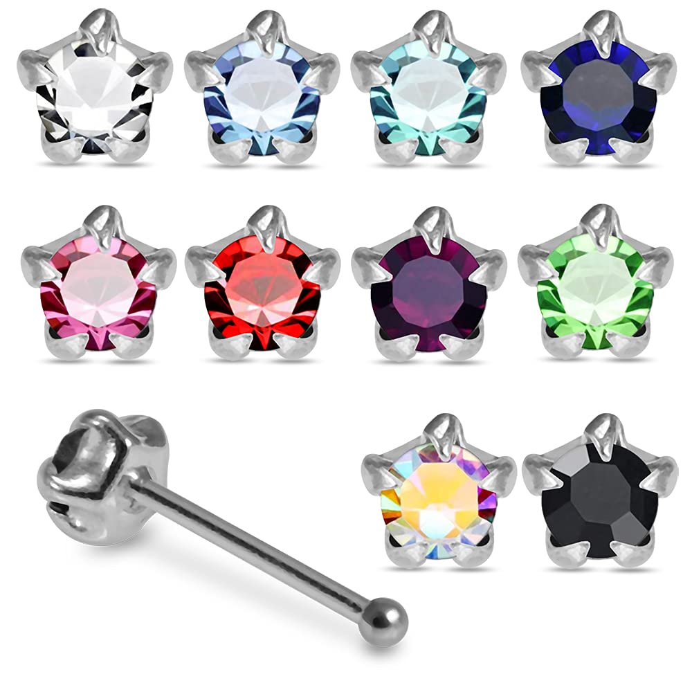 PiercingPoint20 Pieces Mixcolor Jeweled Star Set 925 Sterling Silver Nose Pin. Pack in Acrylic Box.