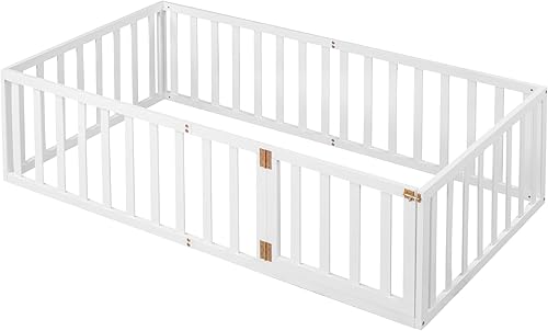 Miniatura 4 de P PURLOVE Base de cama de suelo de tamaño individual para niños, camas Montessori de madera con riel de valla para niños y niñas, (blanco, cama