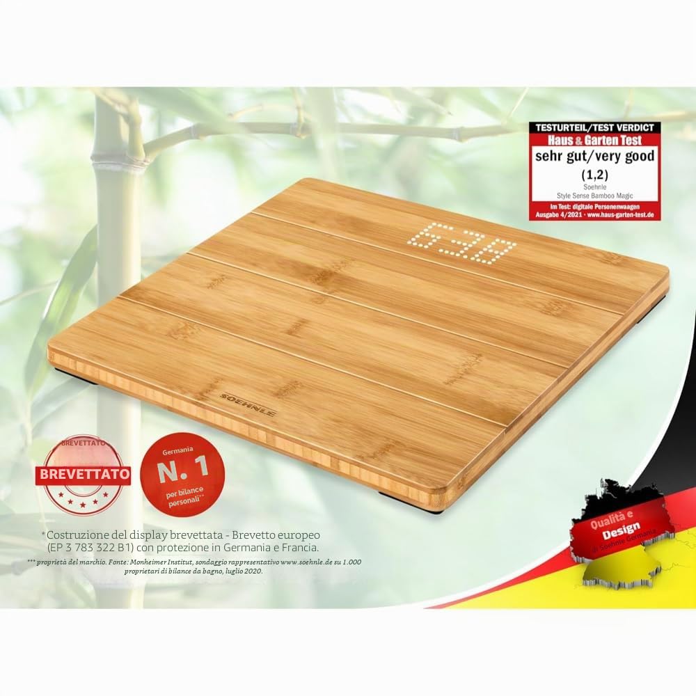 Soehnle Style Sense Bamboo Magic Bilancia pesapersone digitale, Bilancia digitale con display LED a scomparsa, Bilancia persone in bambù naturale | Display LED invisibile fino all'uso, pedana in vero bambù, cifre 3,6 cm, precisione 100 g, portata 180 kg