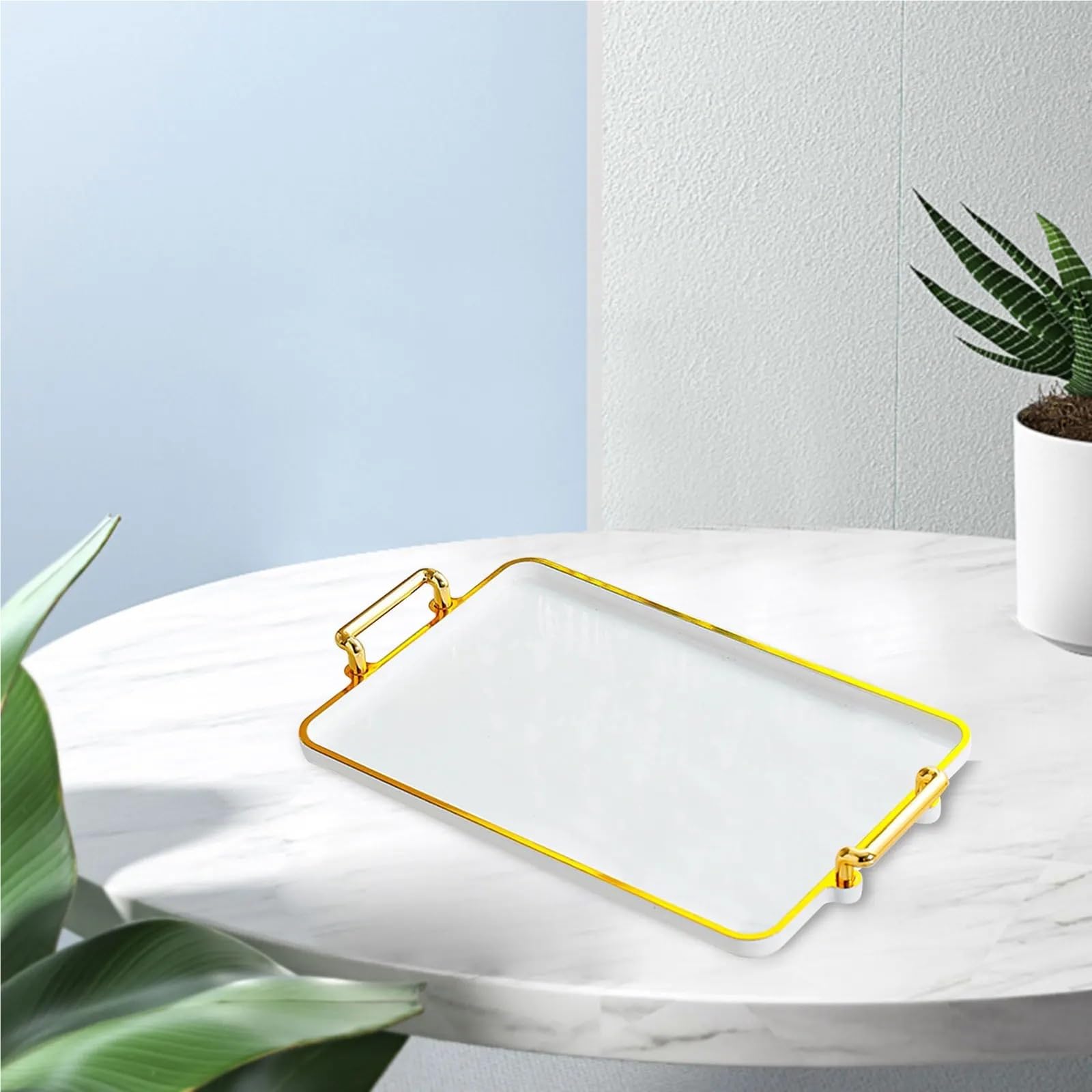 Bandeja para Servir con Asas, Bandeja para Comer, Almacenamiento de cosméticos, Centro de Mesa Rectangular, Bandeja para Comida (Borde Dorado Blanco)