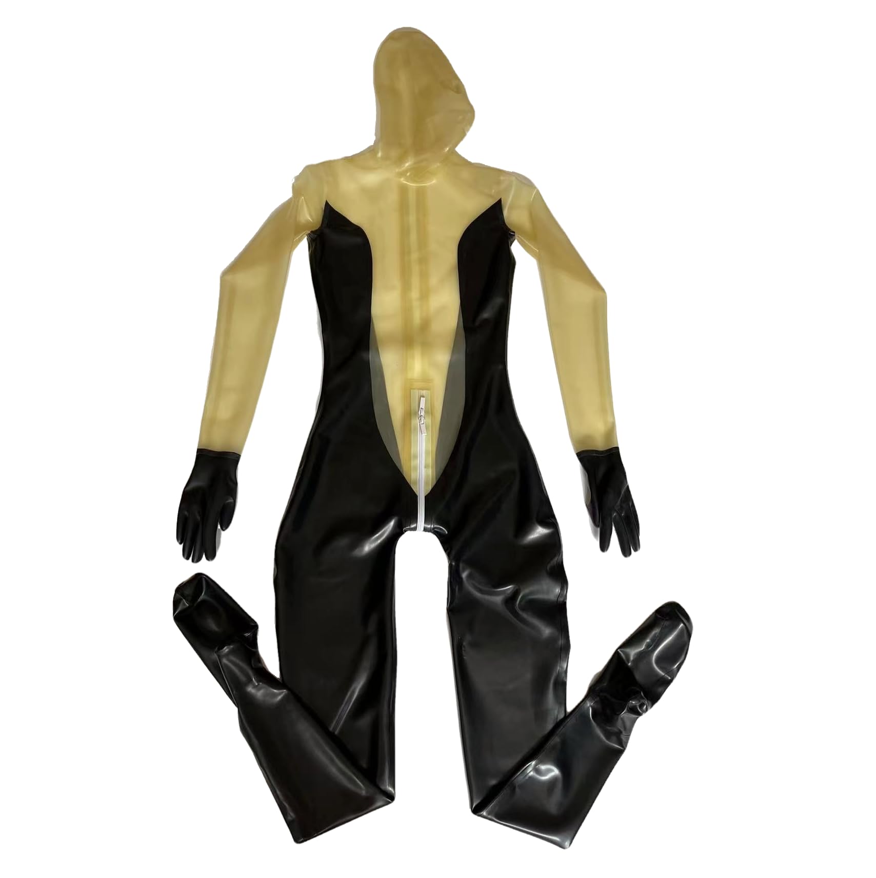 Sexy tuta nera trasparente con copertura completa in lattice di gomma Catsuit Fetish con cerniera posteriore