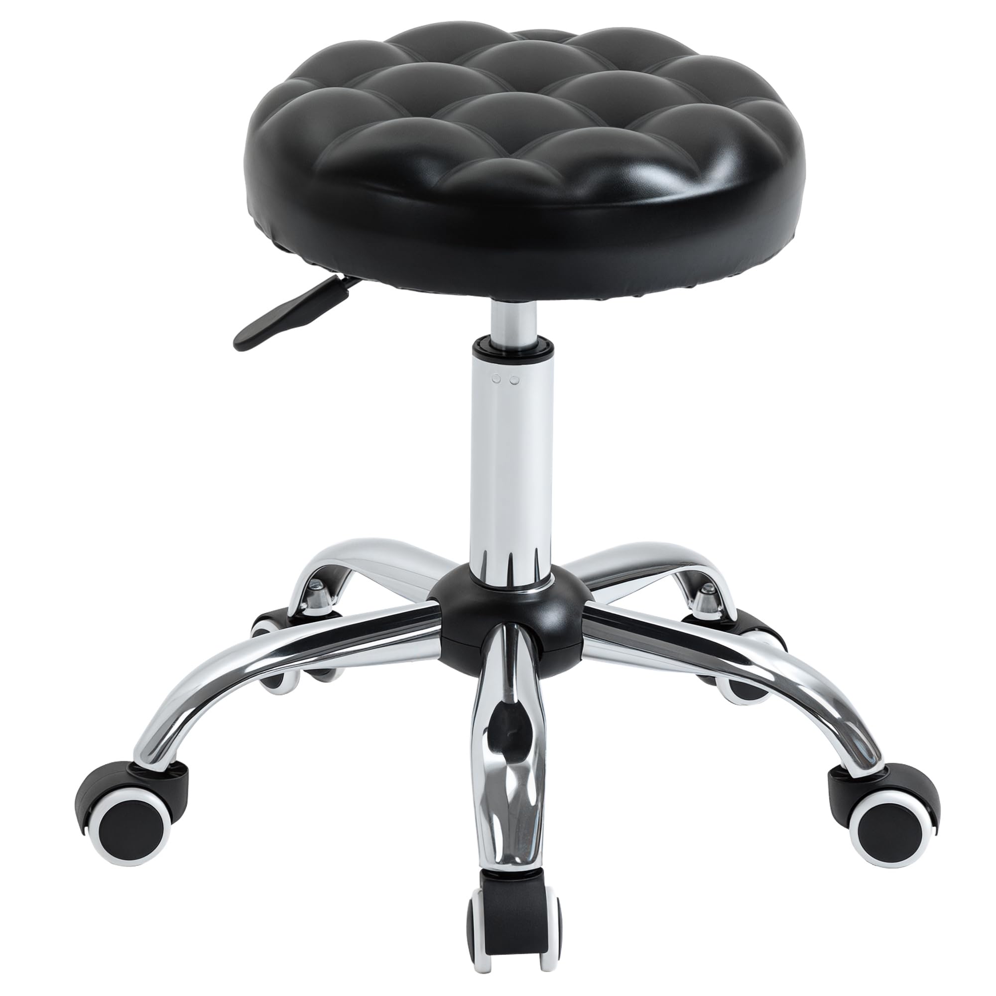 HOMCOM Sgabello ad Altezza Regolabile con 5 Ruote Girevoli, in Acciaio, Gommapiuma e pelle PU, Ф48x47-59Acm, Nero