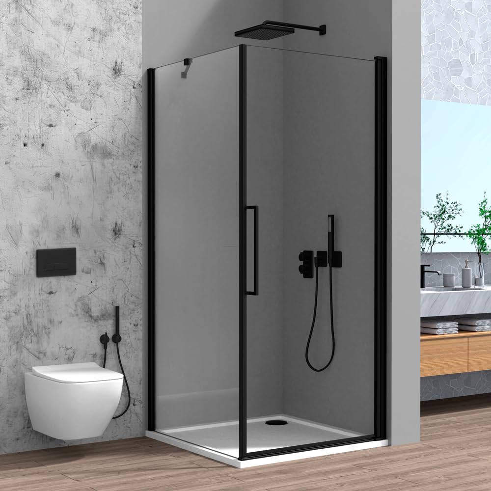 Box Doccia Angolare 80x80 Cm (H 195) Linea Neos - Porta Battente Con Lato Fisso - Cristallo Trasparente 6 Mm - Profili In Alluminio Nero