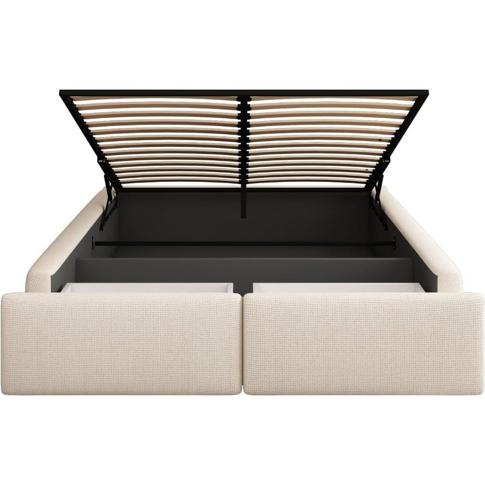 Ycz Polsterbett Doppelbett Jugendbett Gepolstertes Bett Stoffbett Stauraumbett mit Hydraulisch Boxspringbett mit LED Beleuchtun, Lattenrost 140 x 200 cm weib