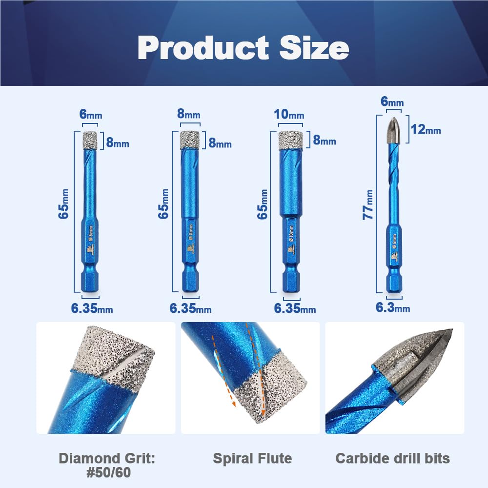 5-Pack Diamond Drill Bits For Tile - 1/4 Inch (6mm) Hex Shank Tile Hole Saws For Dry Drilling